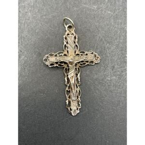 Vintage Jesus Crucifix Ornate Silver Tone Religious Cross Pendant 36.8mm 2.06g